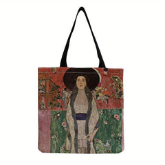 Vintage Golden Painting Pattern Canvas Bag Lightweight Shopping Grocery Handbag