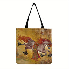 Vintage Golden Painting Pattern Canvas Bag Lightweight Shopping Grocery Handbag