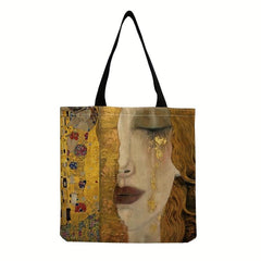 Vintage Golden Painting Pattern Canvas Bag Lightweight Shopping Grocery Handbag