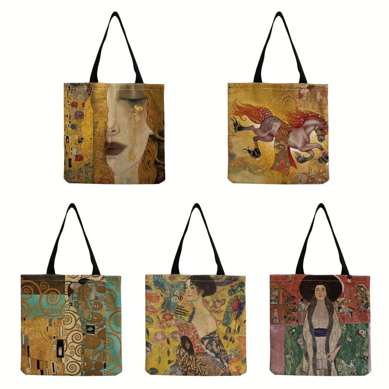 Vintage Golden Painting Pattern Canvas Bag Lightweight Shopping Grocery Handbag