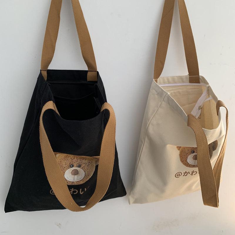 Bear Print Tote Bag Literary Canvas Shoulder Bag