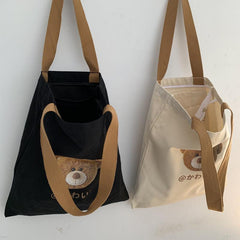 Bear Print Tote Bag Literary Canvas Shoulder Bag