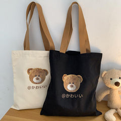 Bear Print Tote Bag Literary Canvas Shoulder Bag