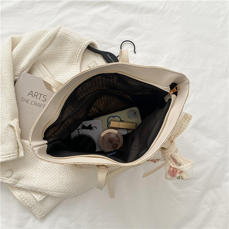 Woven Shoulder Bag Large capacity Tote Sling Bag With Ribbon Decor