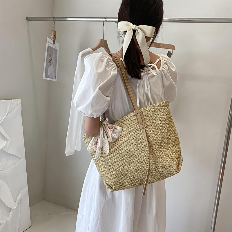 Woven Shoulder Bag Large capacity Tote Sling Bag With Ribbon Decor