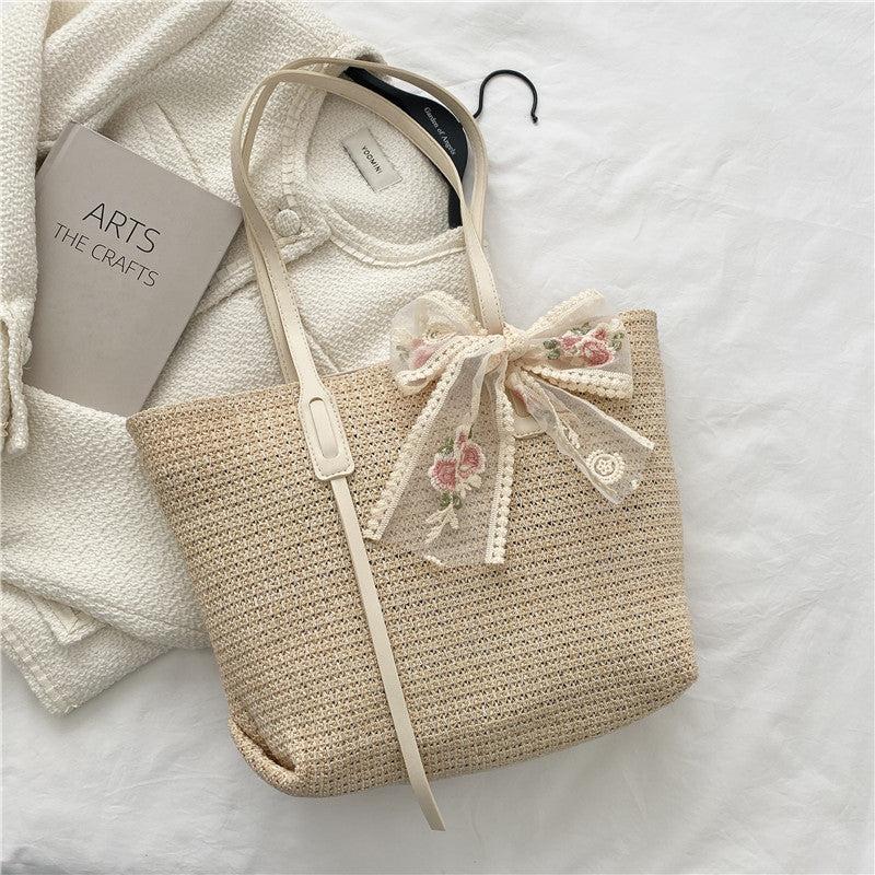 Woven Shoulder Bag Large capacity Tote Sling Bag With Ribbon Decor