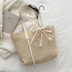 Woven Shoulder Bag Large capacity Tote Sling Bag With Ribbon Decor