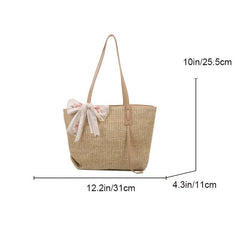 Woven Shoulder Bag Large capacity Tote Sling Bag With Ribbon Decor