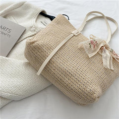 Woven Shoulder Bag Large capacity Tote Sling Bag With Ribbon Decor