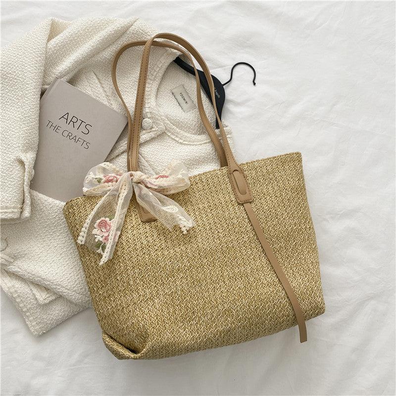 Woven Shoulder Bag Large capacity Tote Sling Bag With Ribbon Decor