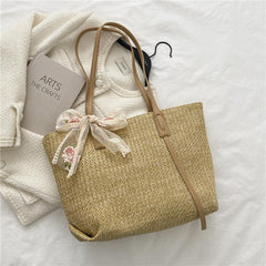 Woven Shoulder Bag Large capacity Tote Sling Bag With Ribbon Decor