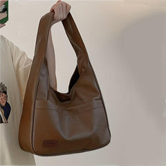 Large Capacity Shoulder Bag PU Leather Handbag Solid Zipper Tote Bag