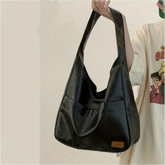 Large Capacity Shoulder Bag PU Leather Handbag Solid Zipper Tote Bag