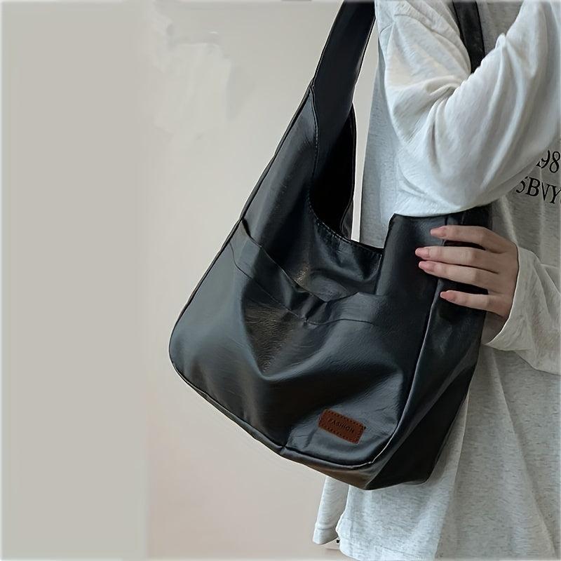 Large Capacity Shoulder Bag PU Leather Handbag Solid Zipper Tote Bag