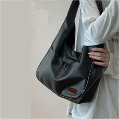 Large Capacity Shoulder Bag PU Leather Handbag Solid Zipper Tote Bag