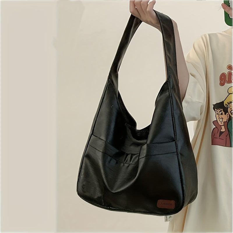 Large Capacity Shoulder Bag PU Leather Handbag Solid Zipper Tote Bag