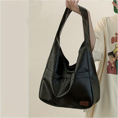 Large Capacity Shoulder Bag PU Leather Handbag Solid Zipper Tote Bag