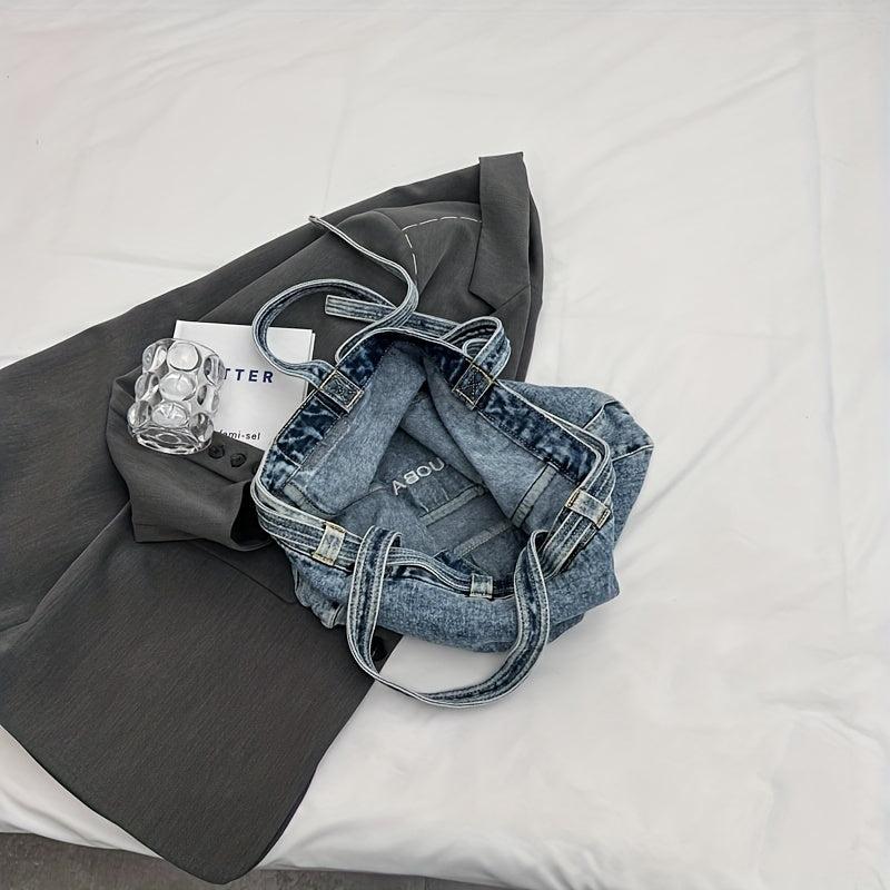 Denim Tote Bag Large Capacity Handbag Double Handle Shopping Shoulder Bag