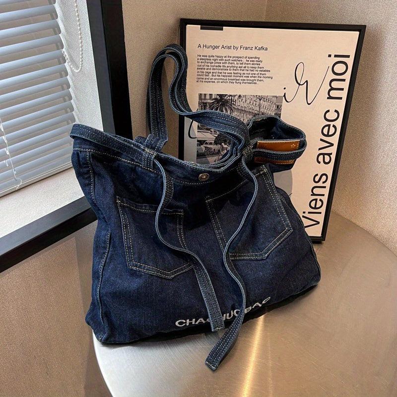 Denim Tote Bag Large Capacity Handbag Double Handle Shopping Shoulder Bag