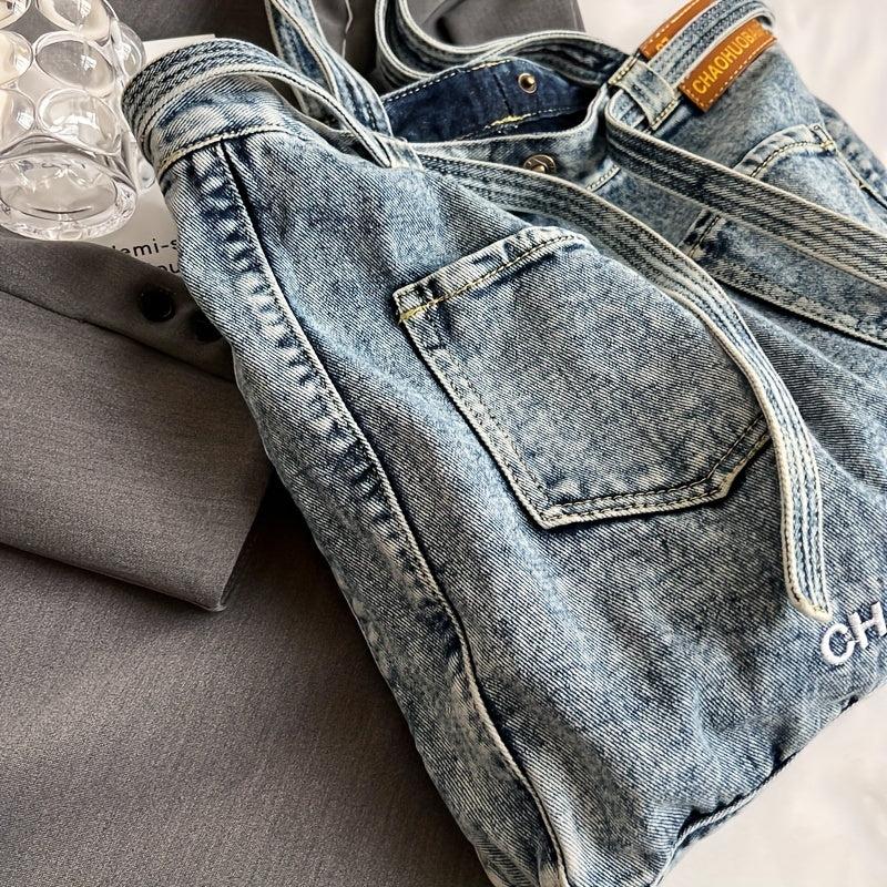 Denim Tote Bag Large Capacity Handbag Double Handle Shopping Shoulder Bag