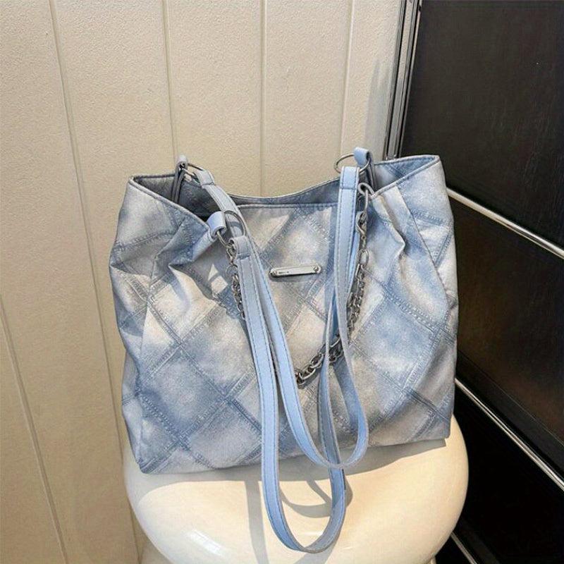 Rhombus Pattern Denim Tote Bag Chain Shoulder Zipper Handbag