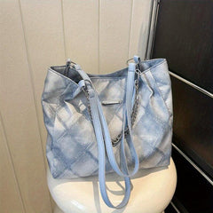 Rhombus Pattern Denim Tote Bag Chain Shoulder Zipper Handbag