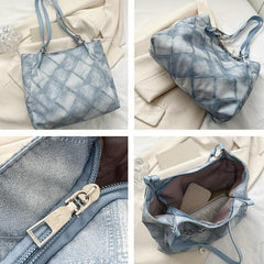 Rhombus Pattern Denim Tote Bag Chain Shoulder Zipper Handbag