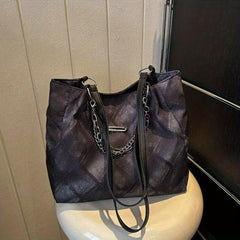 Rhombus Pattern Denim Tote Bag Chain Shoulder Zipper Handbag