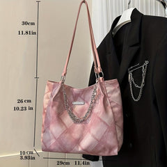 Rhombus Pattern Denim Tote Bag Chain Shoulder Zipper Handbag