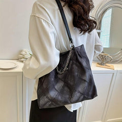 Rhombus Pattern Denim Tote Bag Chain Shoulder Zipper Handbag