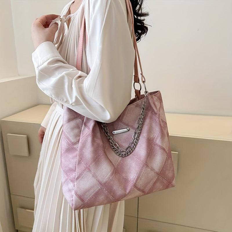 Rhombus Pattern Denim Tote Bag Chain Shoulder Zipper Handbag