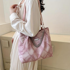 Rhombus Pattern Denim Tote Bag Chain Shoulder Zipper Handbag