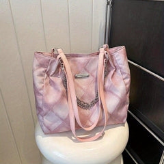 Rhombus Pattern Denim Tote Bag Chain Shoulder Zipper Handbag
