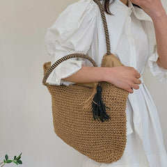 Solid Straw Bag with Tassel Decor Large Capacity