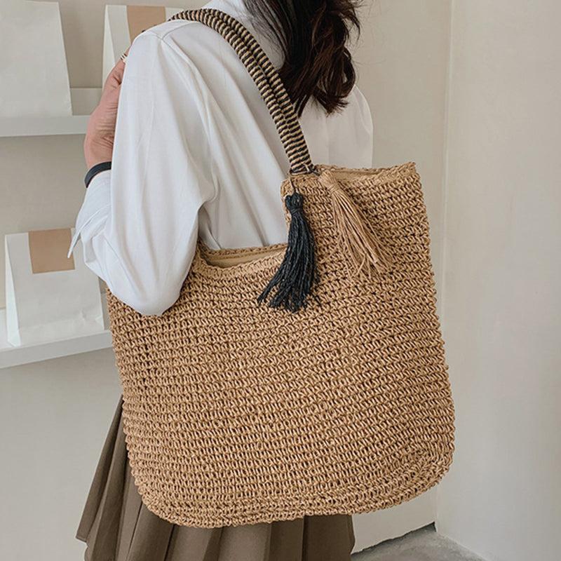 Solid Straw Bag with Tassel Decor Large Capacity