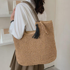 Solid Straw Bag with Tassel Decor Large Capacity