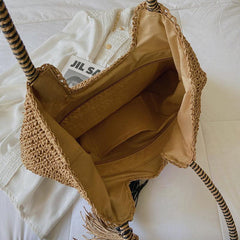Solid Straw Bag with Tassel Decor Large Capacity