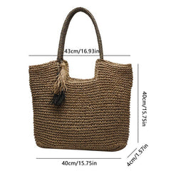 Solid Straw Bag with Tassel Decor Large Capacity