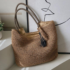 Solid Straw Bag with Tassel Decor Large Capacity