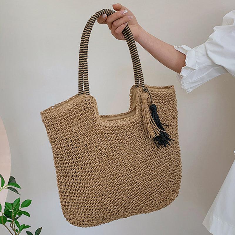 Solid Straw Bag with Tassel Decor Large Capacity