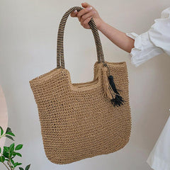 Solid Straw Bag with Tassel Decor Large Capacity