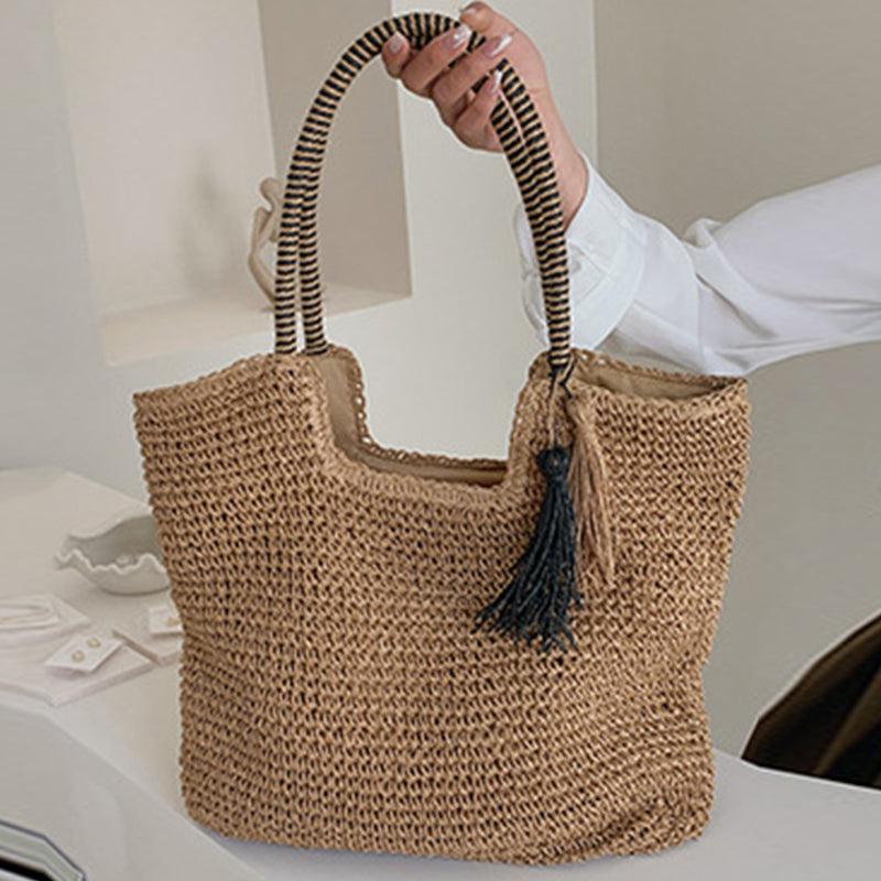 Solid Straw Bag with Tassel Decor Large Capacity
