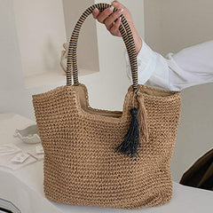 Solid Straw Bag with Tassel Decor Large Capacity