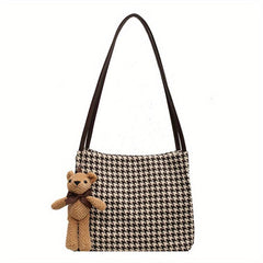 Vintage Houndstooth Tote Bag Bear Pendant Shoulder Handbag