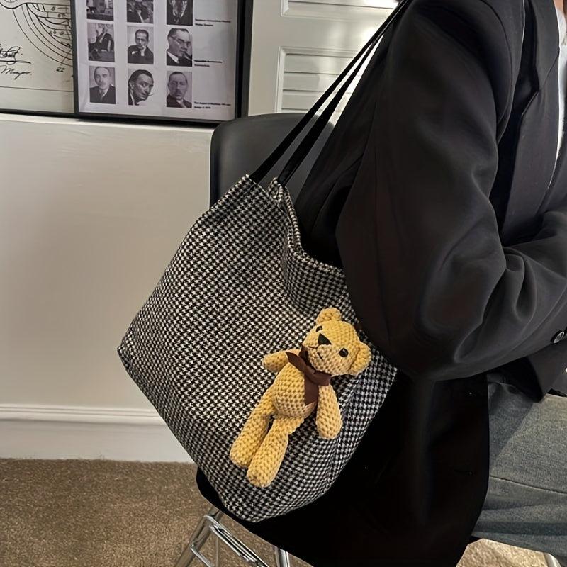 Vintage Houndstooth Tote Bag Bear Pendant Shoulder Handbag