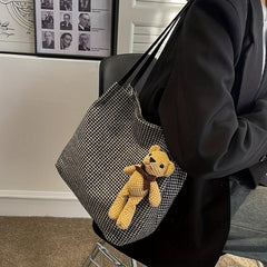 Vintage Houndstooth Tote Bag Bear Pendant Shoulder Handbag