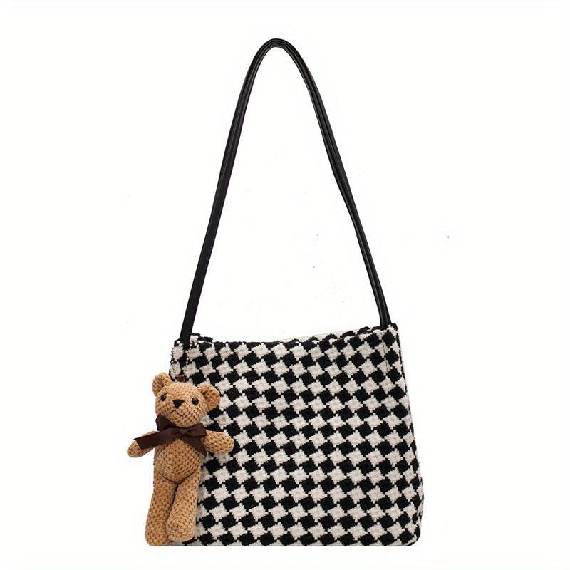Vintage Houndstooth Tote Bag Bear Pendant Shoulder Handbag