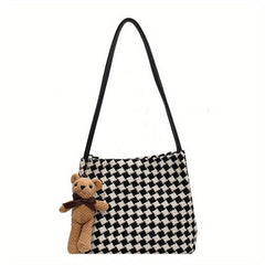 Vintage Houndstooth Tote Bag Bear Pendant Shoulder Handbag