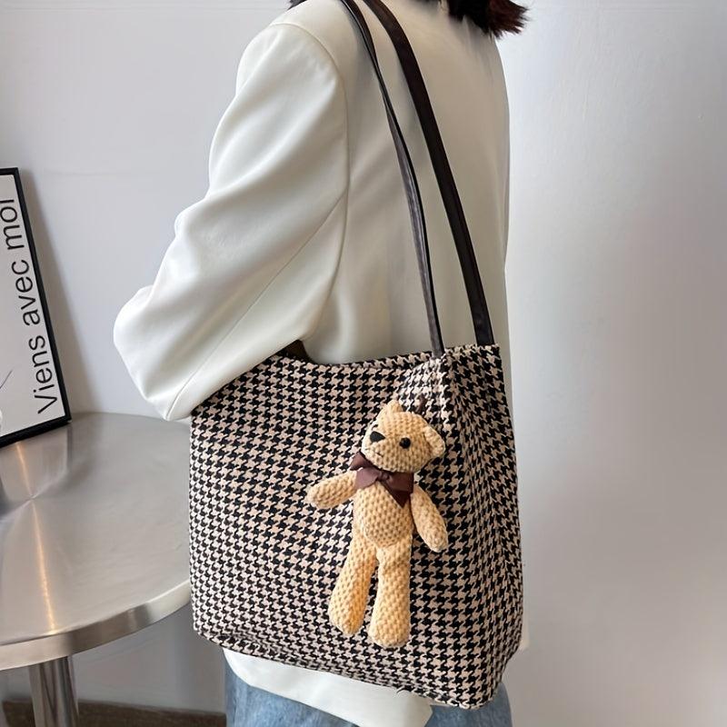 Vintage Houndstooth Tote Bag Bear Pendant Shoulder Handbag