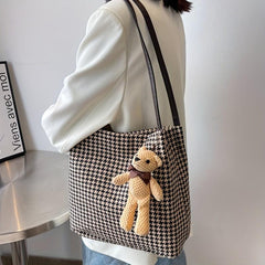 Vintage Houndstooth Tote Bag Bear Pendant Shoulder Handbag